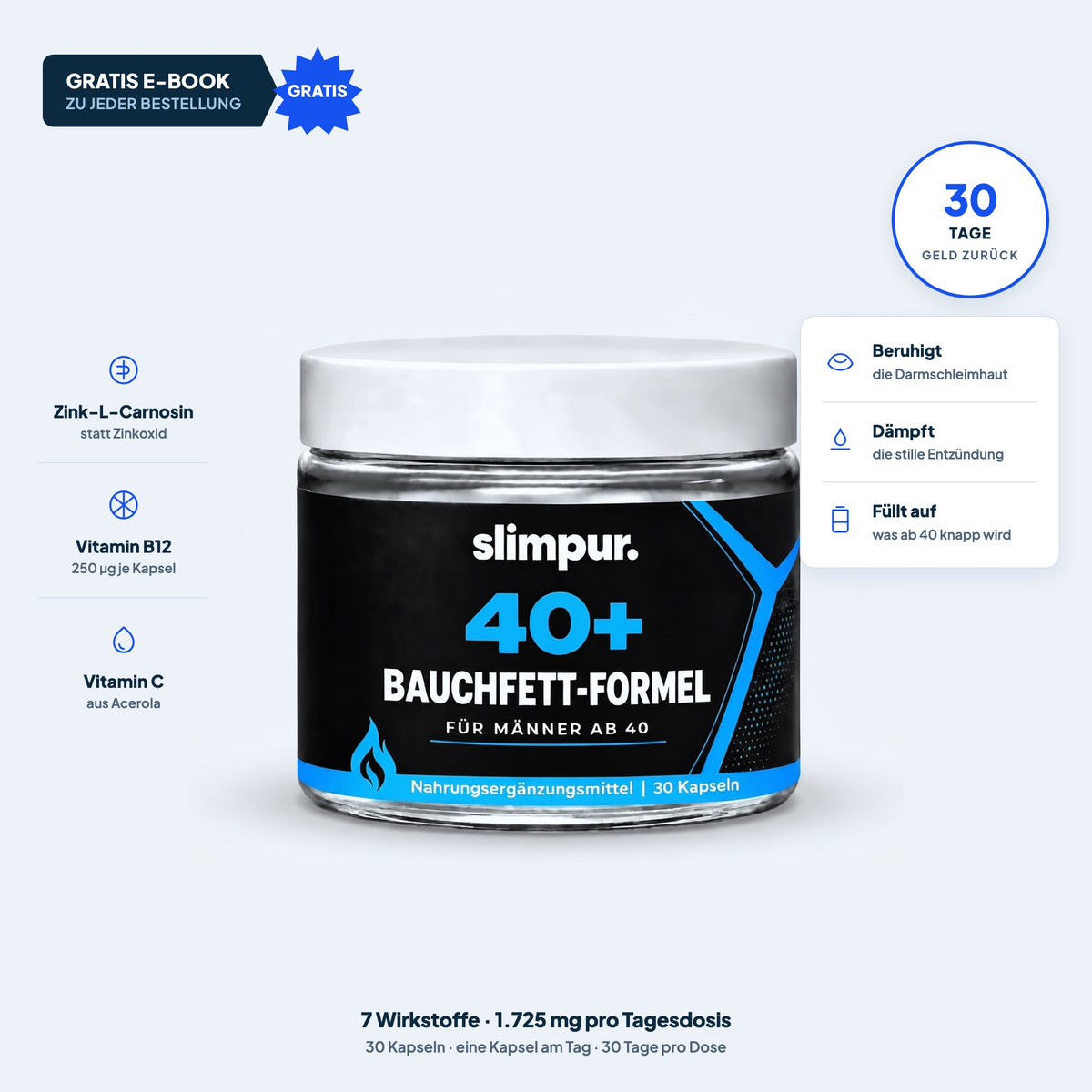 Bauchfett-Formel 40+ Dose mit Zink-L-Carnosin, Vitamin B12 und Vitamin C, 30 Tage Geld zurueck