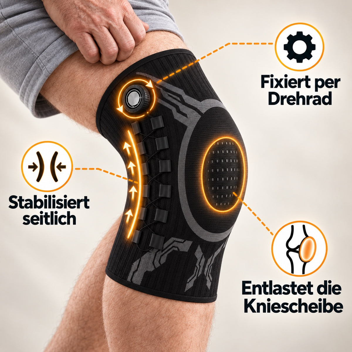 Kniebandage am Bein mit den drei Funktionen: Drehrad, seitliche Stabilisierung, Entlastung der Kniescheibe
