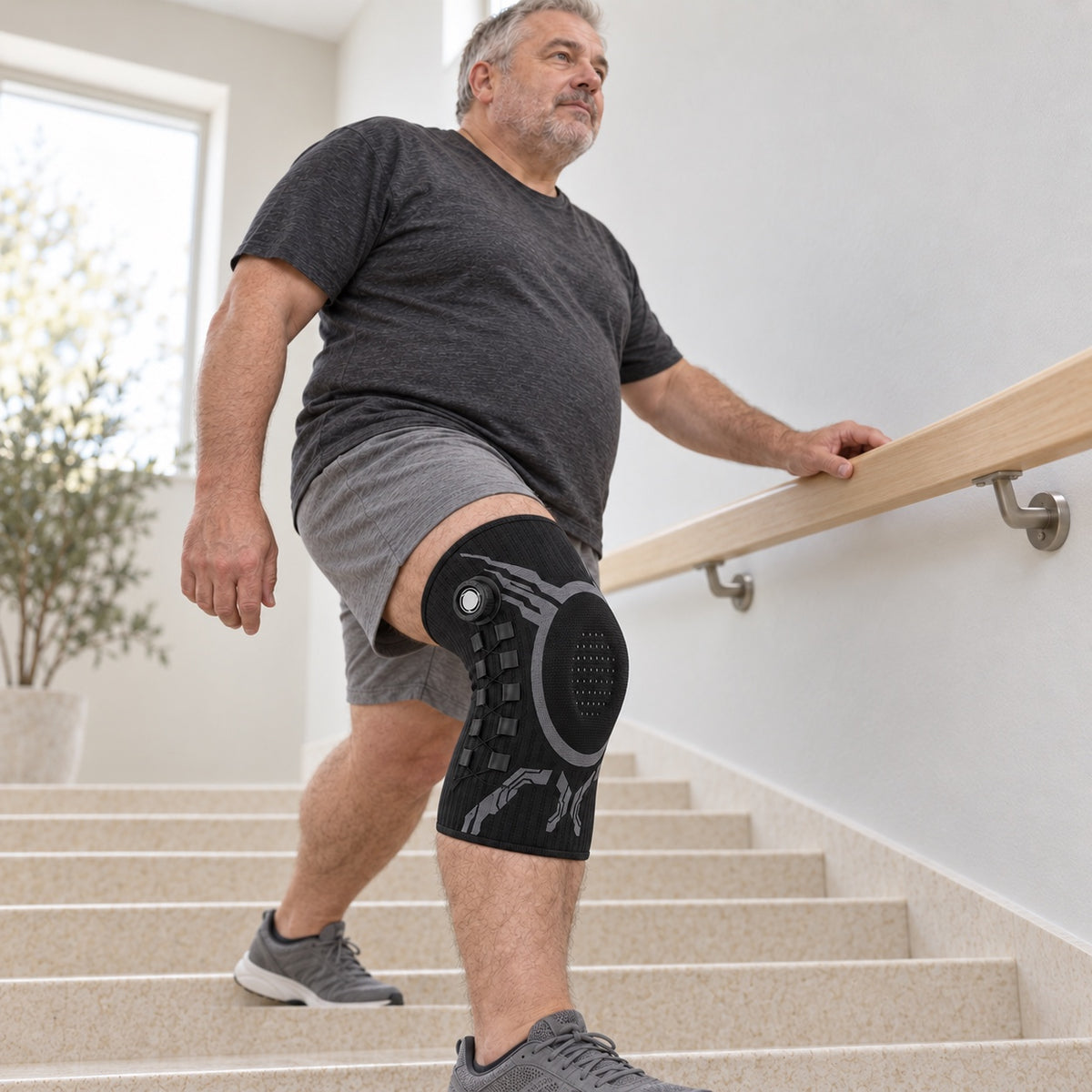 Kräftiger Mann steigt mit der Kniebandage eine Treppe hinauf