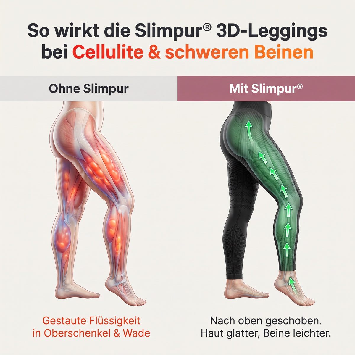 So wirkt die Slimpur 3D-Leggings: ohne Leggings gestaute Flüssigkeit in Oberschenkel und Wade, mit Leggings nach oben geschoben