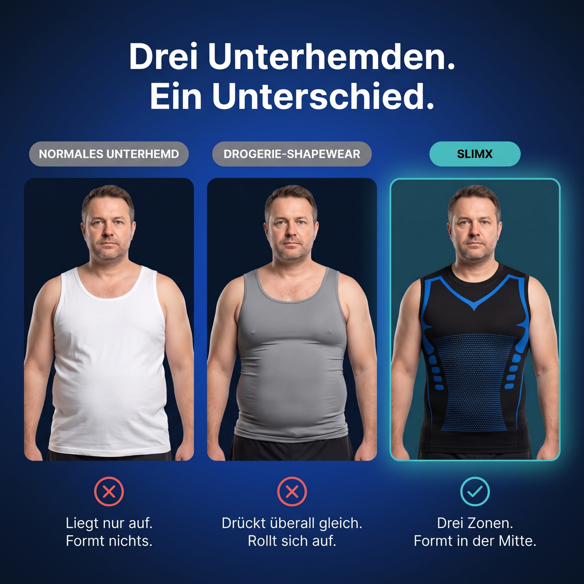 Normales Unterhemd, Drogerie-Shapewear und SlimX im Vergleich an derselben Person