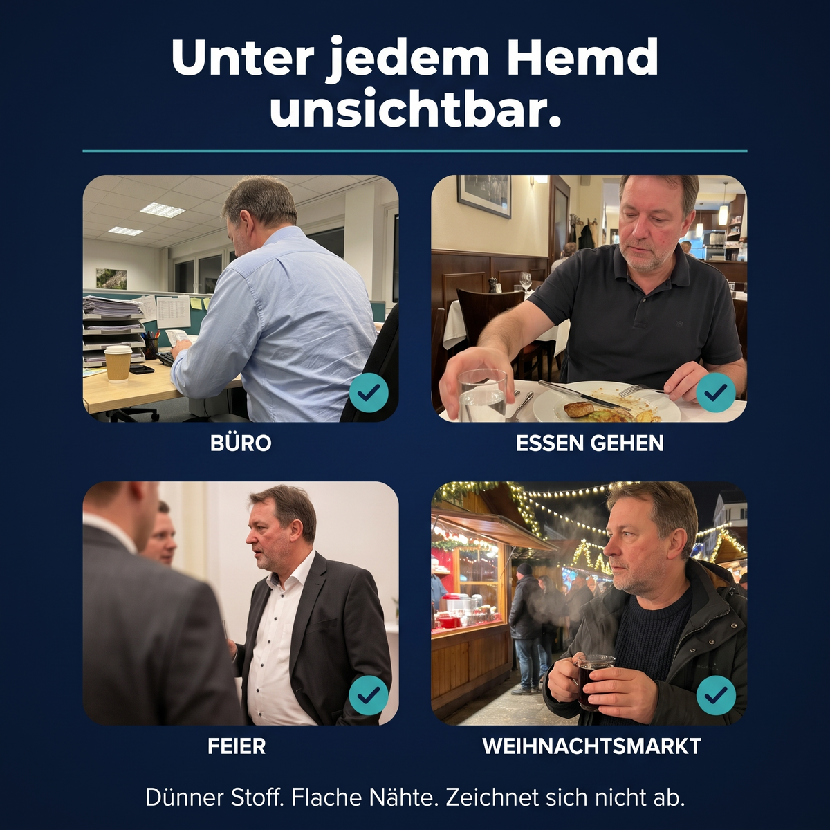 SlimX unsichtbar im Alltag: Buero, Essen gehen, Feier, Weihnachtsmarkt