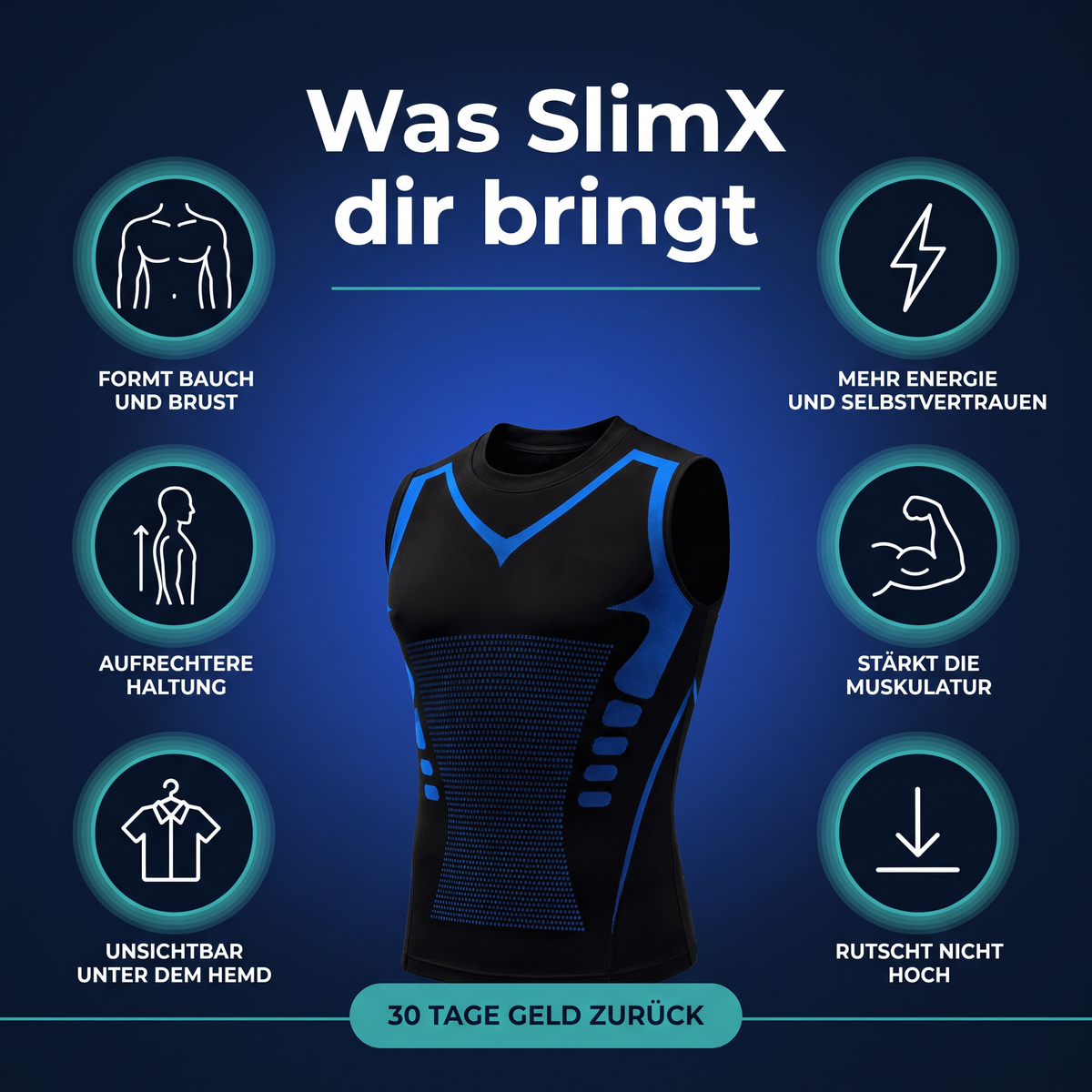 Sechs Vorteile des SlimX: formt Bauch und Brust, aufrechtere Haltung, unsichtbar unter dem Hemd, mehr Energie, staerkt die Muskulatur, rutscht nicht hoch